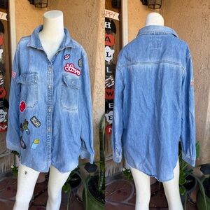 Womans American Eagle Outfitters Blue Button Down Shirt with Patches, Large